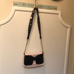 Betsey Johnson Pink Shoulder Bag with Black Bow! Worn Once! Bag for Wedding!